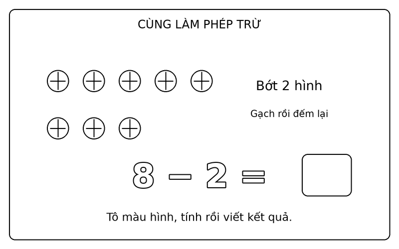Tranh tô màu phép trừ đơn giản: phép trừ 8 − 2 với quả bóng, ô kết quả để trống