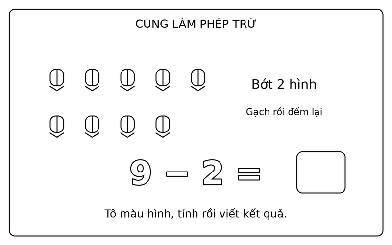 Tranh tô màu phép trừ đơn giản: phép trừ 9 − 2 với bút chì, ô kết quả để trống