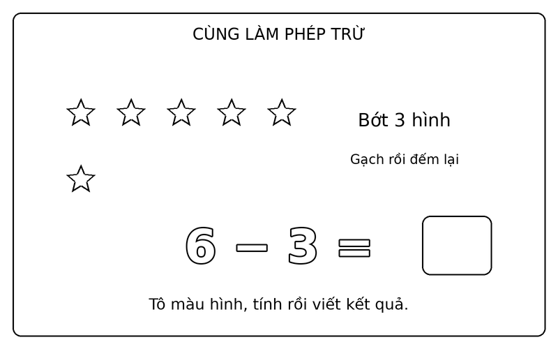 Tranh tô màu phép trừ đơn giản: phép trừ 6 − 3 với ngôi sao, ô kết quả để trống
