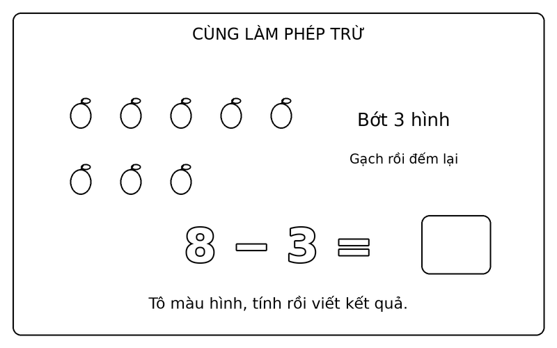 Tranh tô màu phép trừ đơn giản: phép trừ 8 − 3 với quả táo, ô kết quả để trống