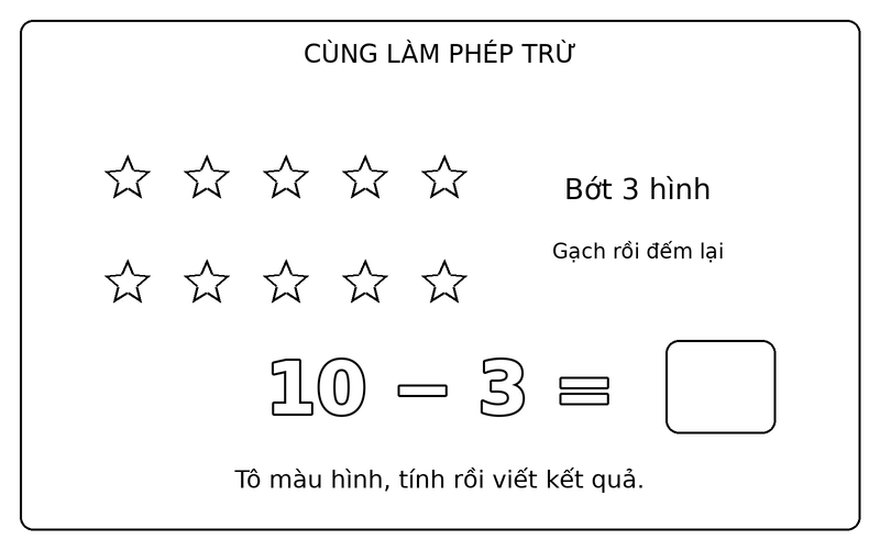Tranh tô màu phép trừ đơn giản: phép trừ 10 − 3 với ngôi sao, ô kết quả để trống