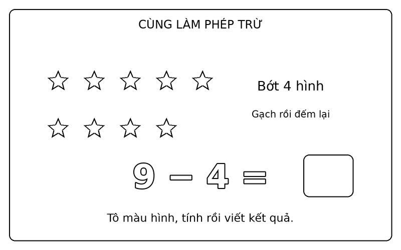 Tranh tô màu phép trừ đơn giản: phép trừ 9 − 4 với ngôi sao, ô kết quả để trống