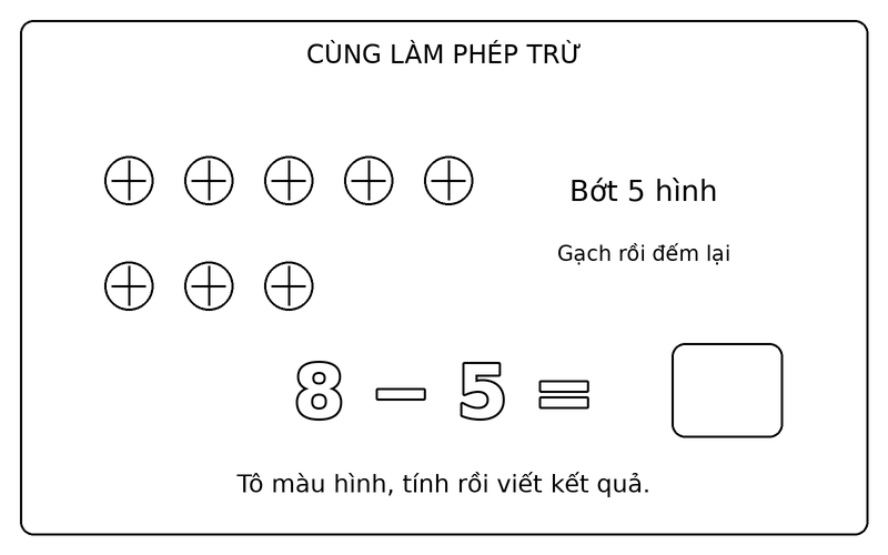 Tranh tô màu phép trừ đơn giản: phép trừ 8 − 5 với quả bóng, ô kết quả để trống