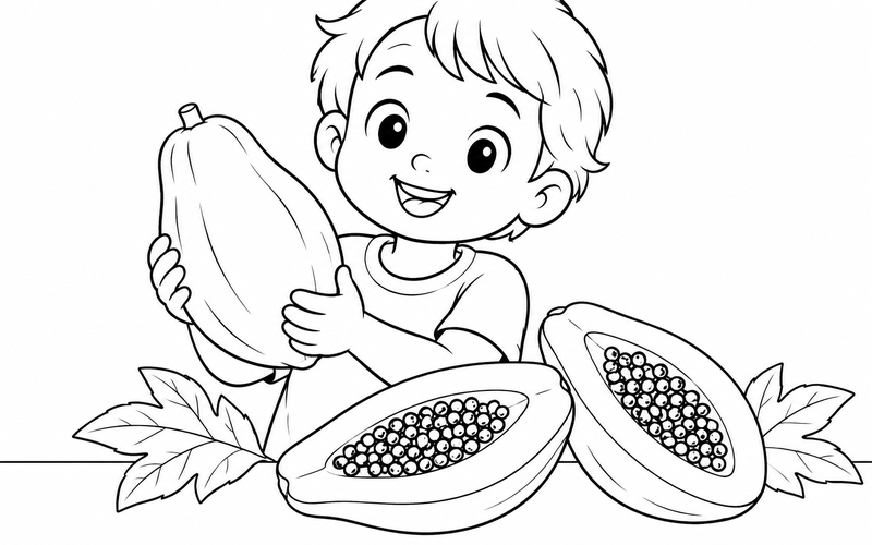 Tranh tô màu bé cầm quả đu đủ