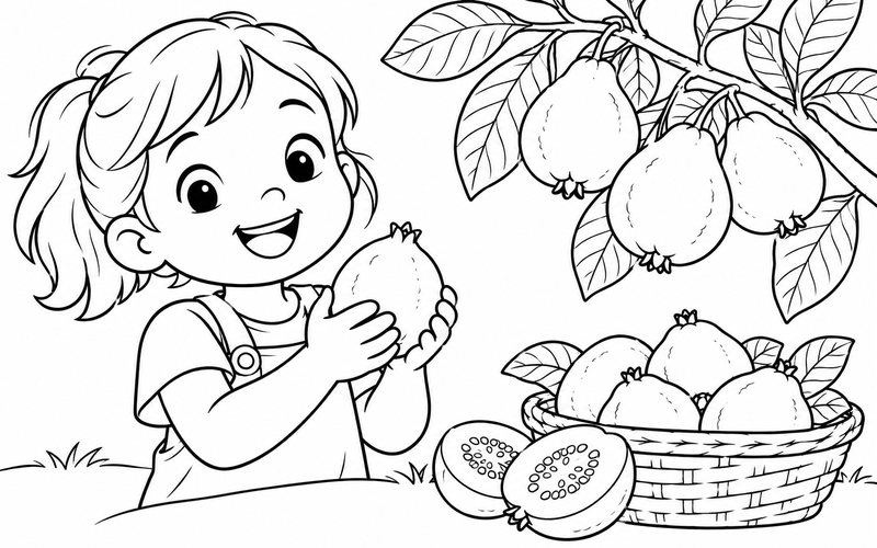 Tranh tô màu bé cầm quả ổi