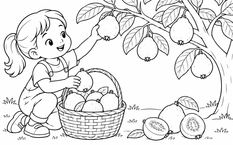 Tranh tô màu bé đặt ổi vào giỏ