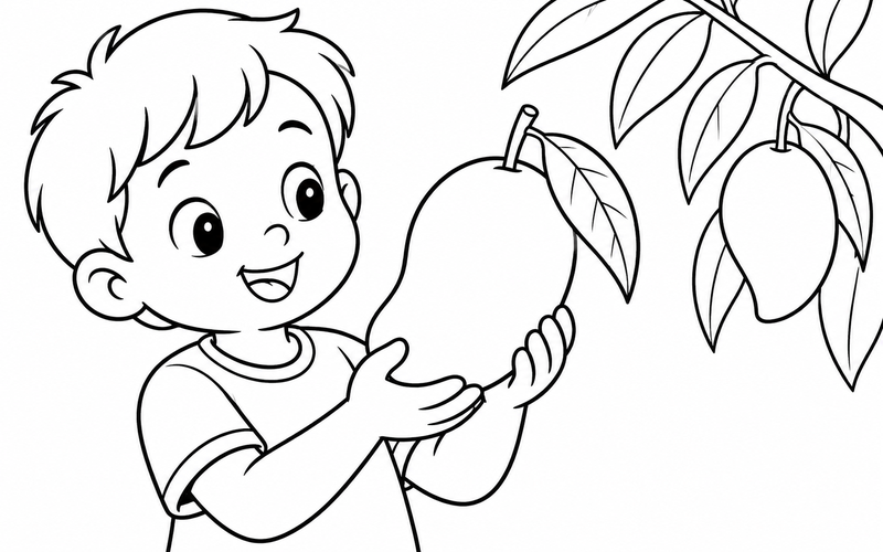 Tranh tô màu bé cầm quả xoài