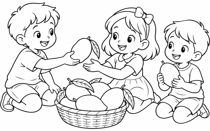 Tranh tô màu các bé chia sẻ giỏ xoài