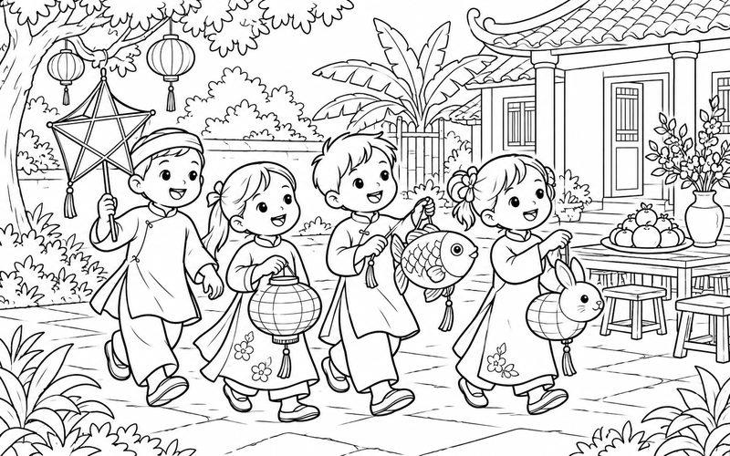 Tranh tô màu các bé rước đèn trung thu trong sân nhà đêm hội