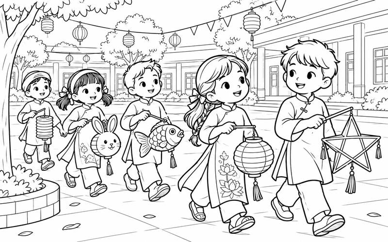 Tranh tô màu các bé rước đèn trung thu ở sân trường rực rỡ đèn treo