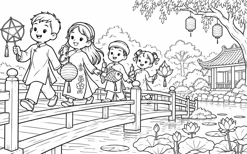 Tranh tô màu các bé rước đèn trung thu bên cầu gỗ và hồ nước