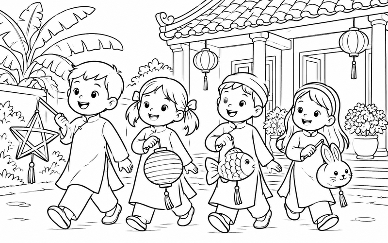Tranh tô màu các bé rước đèn trung thu trước mái hiên nhà