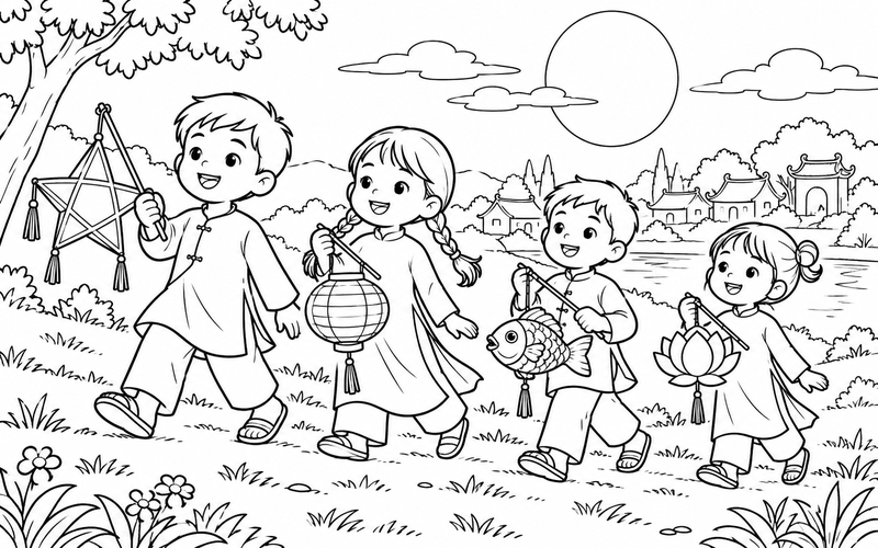 Tranh tô màu các bé rước đèn trung thu trên đồi dưới vầng trăng