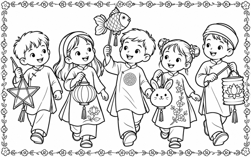 Tranh tô màu các bé rước đèn trung thu trong bố cục cận cảnh dễ quan sát
