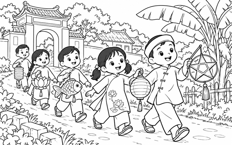 Tranh tô màu các bé rước đèn trung thu trước cổng làng và hàng chuối