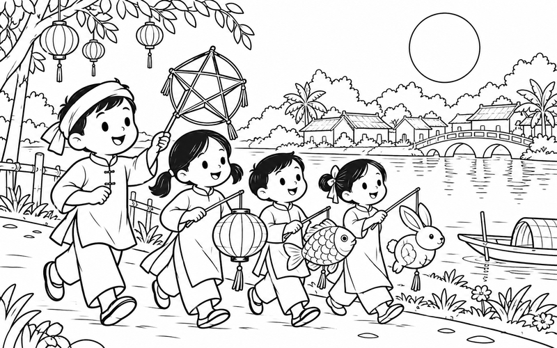 Tranh tô màu các bé rước đèn trung thu bên đường ven sông