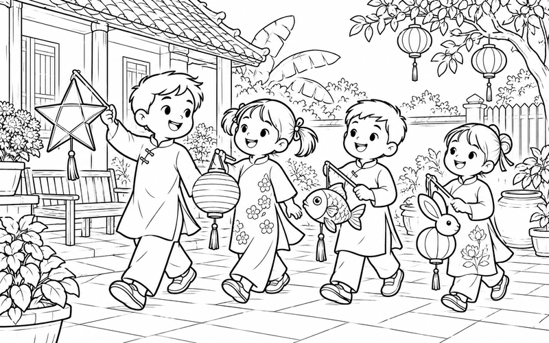Tranh tô màu các bé rước đèn trung thu cùng gia đình trong sân nhỏ