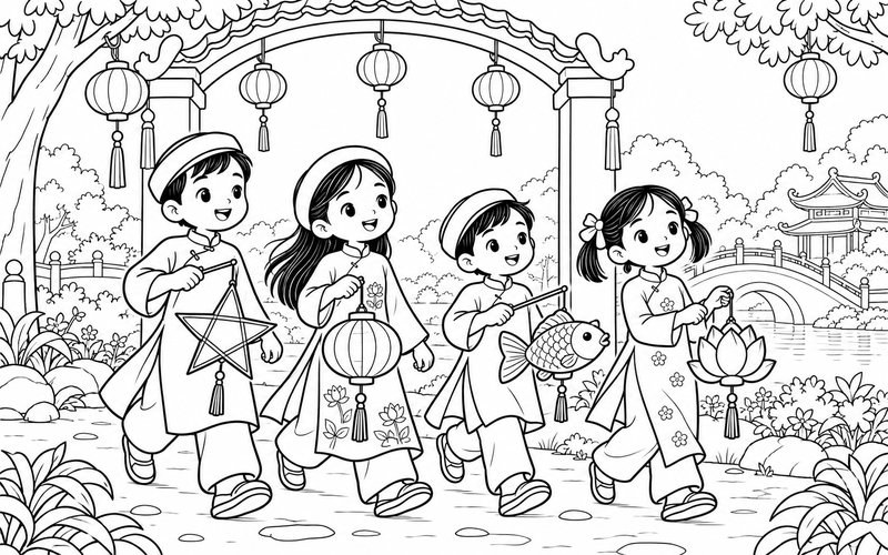 Tranh tô màu các bé rước đèn trung thu dưới cổng vòm vườn