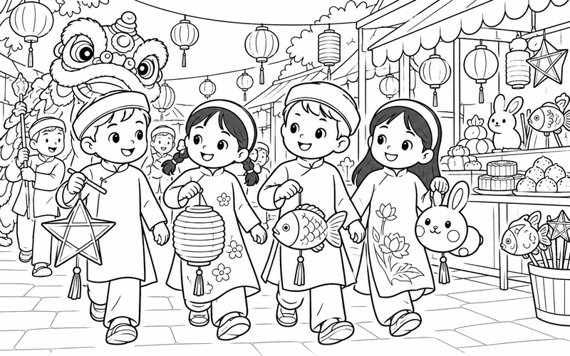 Tranh tô màu các bé rước đèn trung thu ở quầy quà đêm hội