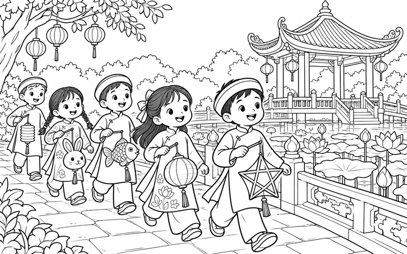 Tranh tô màu các bé rước đèn trung thu bên đình nghỉ và hồ sen