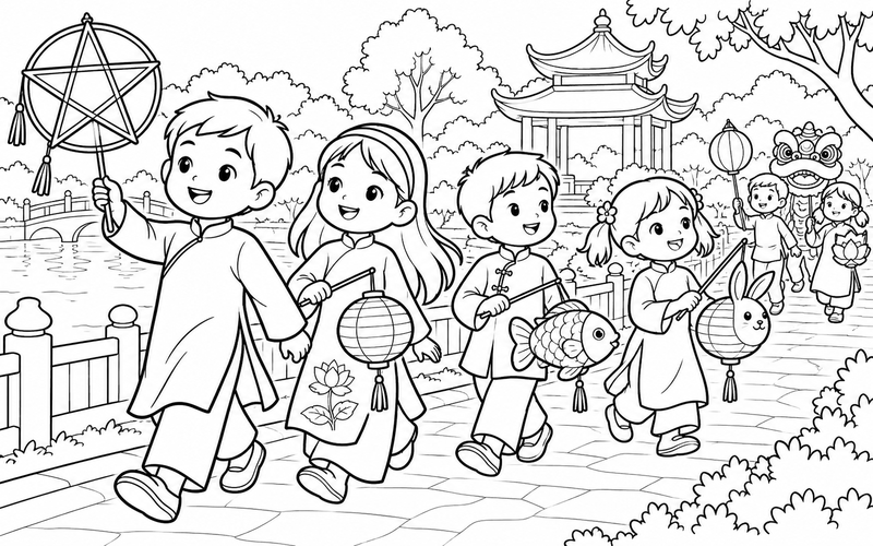 Tranh tô màu các bé rước đèn trung thu trên lối đi công viên