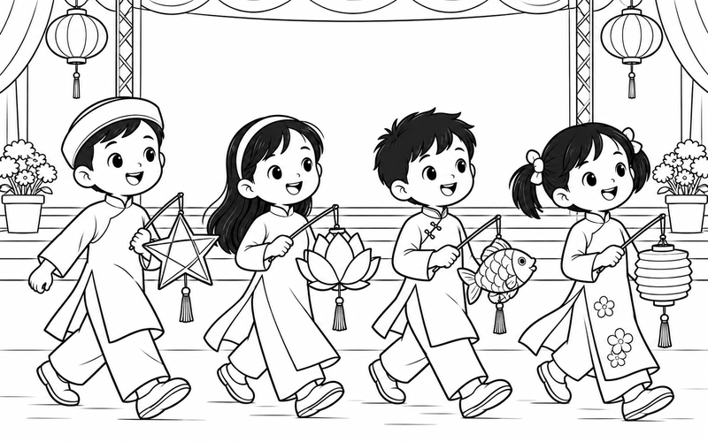 Tranh tô màu các bé rước đèn trung thu trước sân khấu có rèm