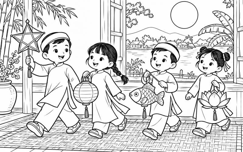 Tranh tô màu các bé rước đèn trung thu bên cửa sổ và chiếu nhỏ