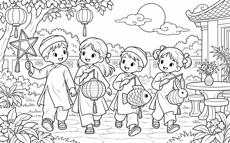 Tranh tô màu các bé rước đèn trung thu trên bàn tròn ngoài vườn