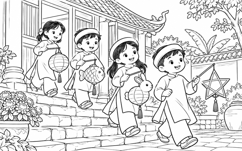 Tranh tô màu các bé rước đèn trung thu bên bậc thềm ngôi nhà