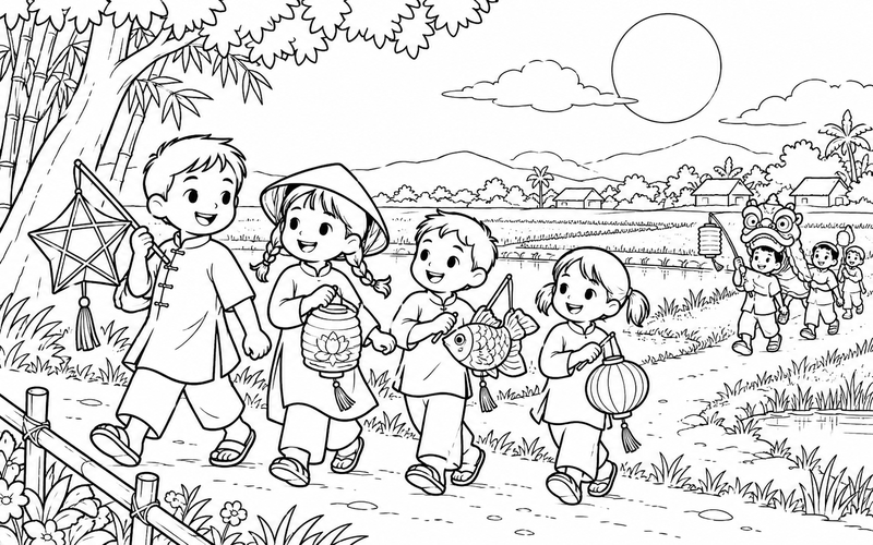 Tranh tô màu các bé rước đèn trung thu giữa khung cảnh đồng quê