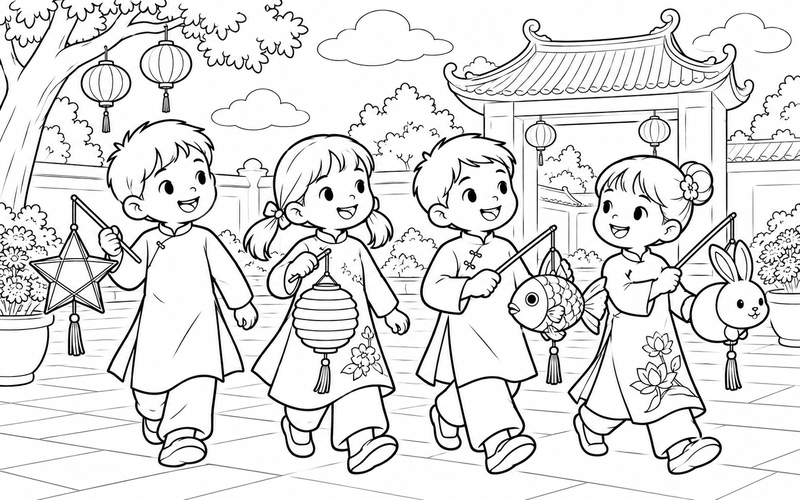 Tranh tô màu các bé rước đèn trung thu trong sân sinh hoạt chung