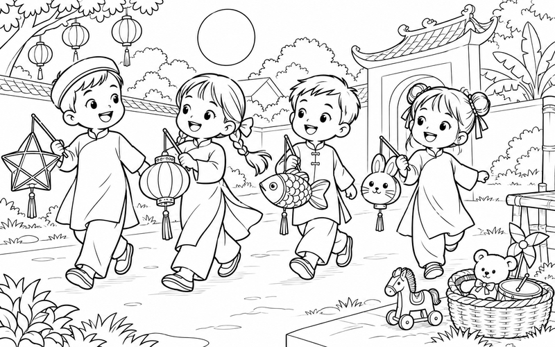 Tranh tô màu các bé rước đèn trung thu bên giỏ đồ chơi