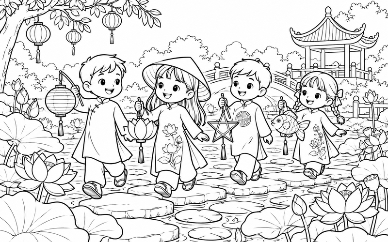 Tranh tô màu các bé rước đèn trung thu trong khu vườn có hoa sen