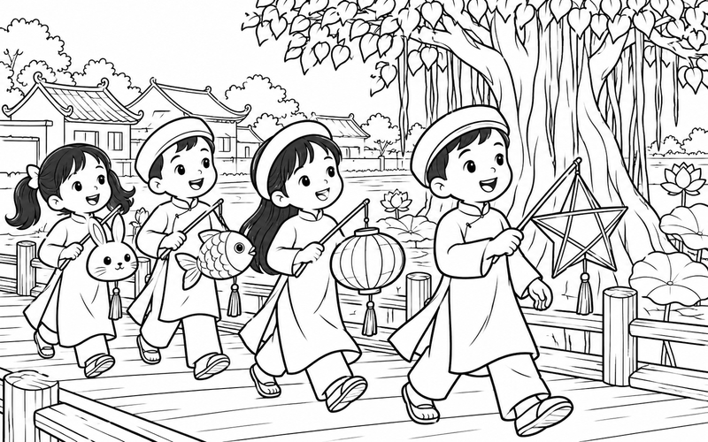Tranh tô màu các bé rước đèn trung thu bên gốc đa và sàn gỗ