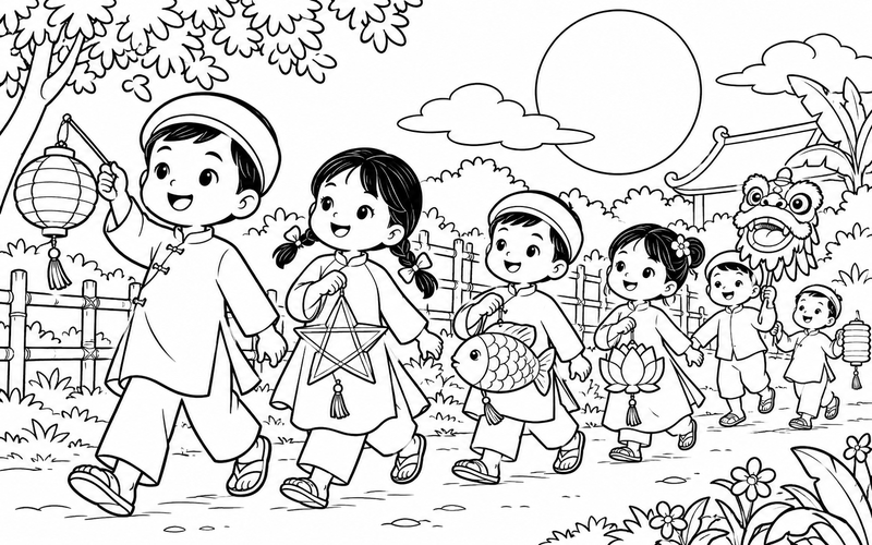 Tranh tô màu các bé rước đèn trung thu cạnh hàng rào dưới trăng