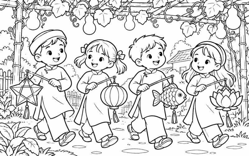 Tranh tô màu các bé rước đèn trung thu dưới giàn dây leo