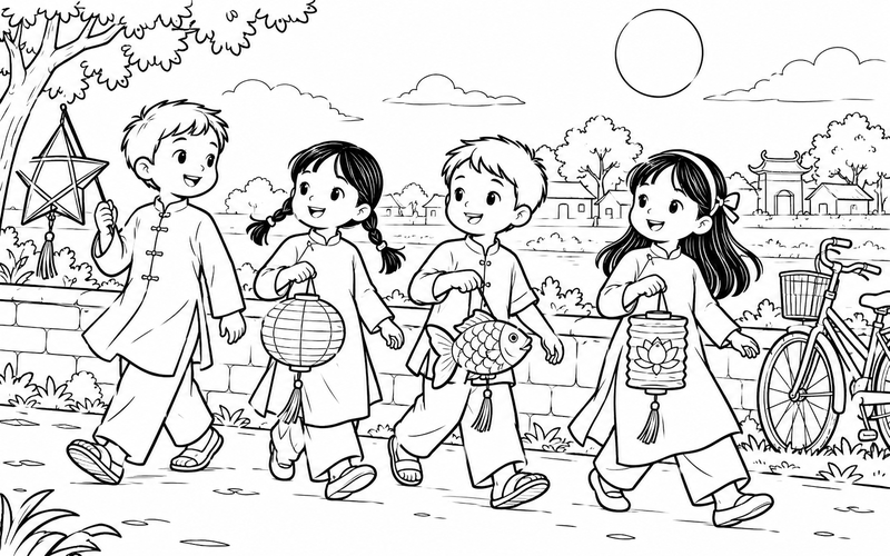 Tranh tô màu các bé rước đèn trung thu bên chiếc xe đạp