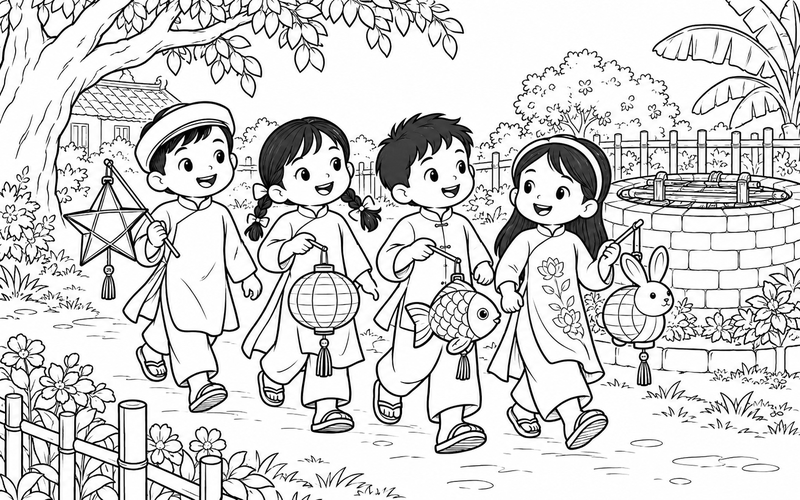 Tranh tô màu các bé rước đèn trung thu cạnh giếng gạch có nắp