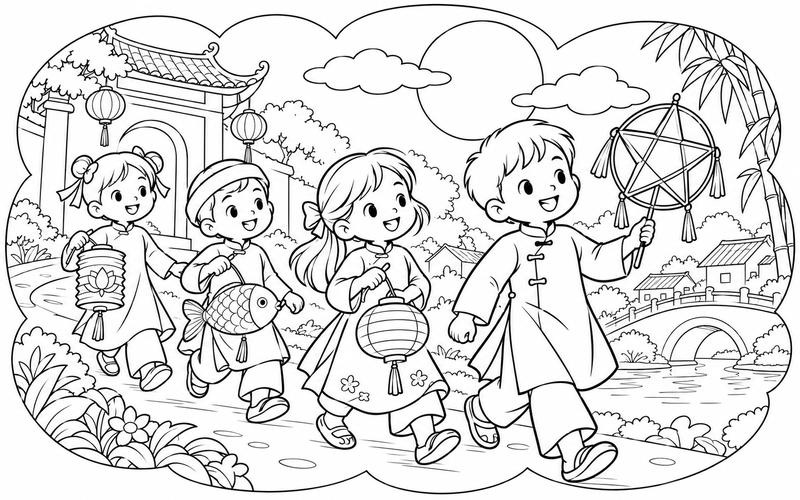 Tranh tô màu các bé rước đèn trung thu giữa khung mây tròn
