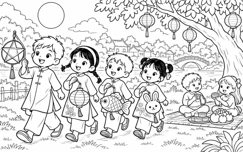 Tranh tô màu các bé rước đèn trung thu trên tấm chiếu dã ngoại