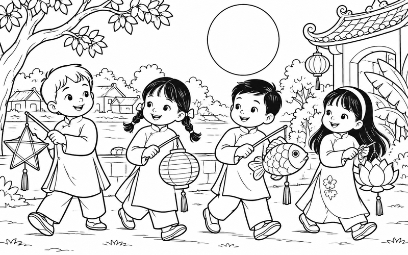 Tranh tô màu các bé rước đèn trung thu bên cửa sổ ngắm trăng