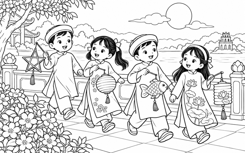 Tranh tô màu các bé rước đèn trung thu trên sân hiên có hoa