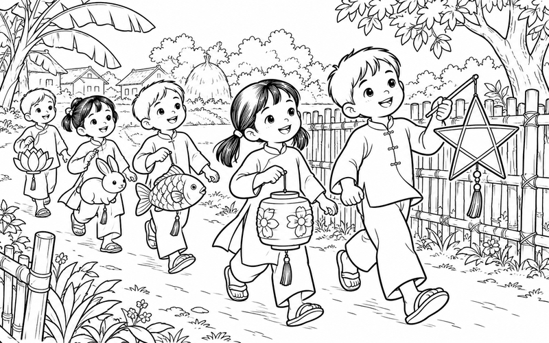 Tranh tô màu các bé rước đèn trung thu ở lối làng có hàng rào tre