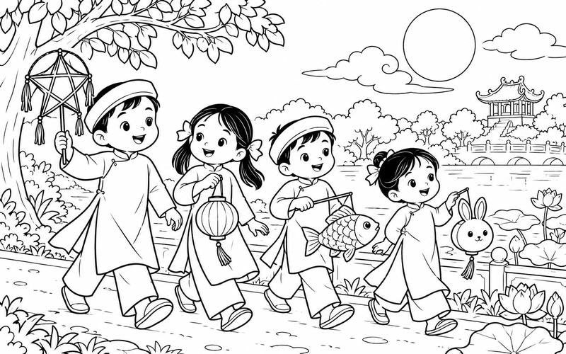 Tranh tô màu các bé rước đèn trung thu trong khung cảnh thoáng rộng