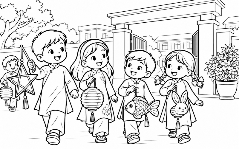 Tranh tô màu các bé rước đèn trung thu trước cổng trường