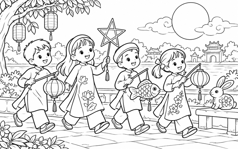 Tranh tô màu các bé rước đèn trung thu bên ghế đá và hình thỏ