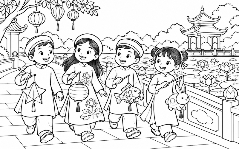 Tranh tô màu các bé rước đèn trung thu cạnh bồn sen và lan can