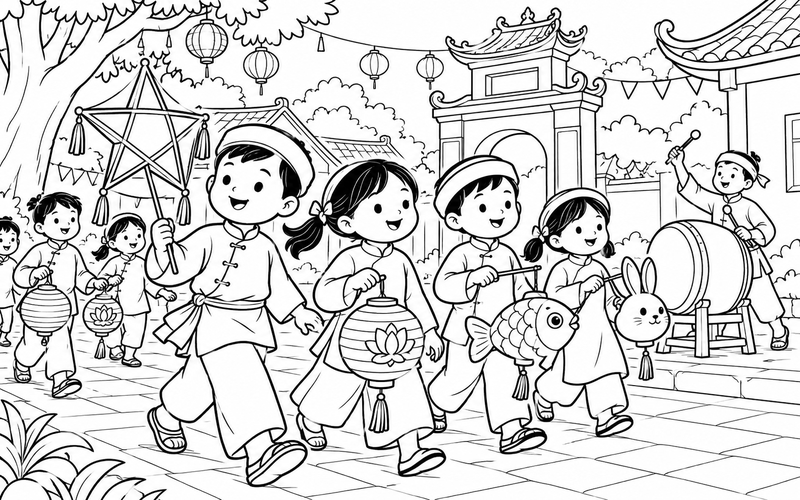Tranh tô màu các bé rước đèn trung thu giữa sân hội có trống