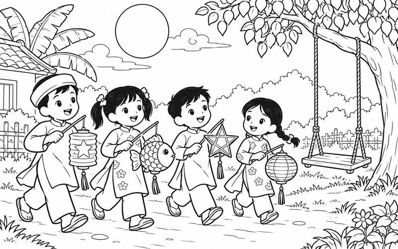 Tranh tô màu các bé rước đèn trung thu bên xích đu và cành lá
