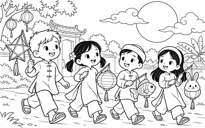 Tranh tô màu các bé rước đèn trung thu dưới trăng cùng những đám mây
